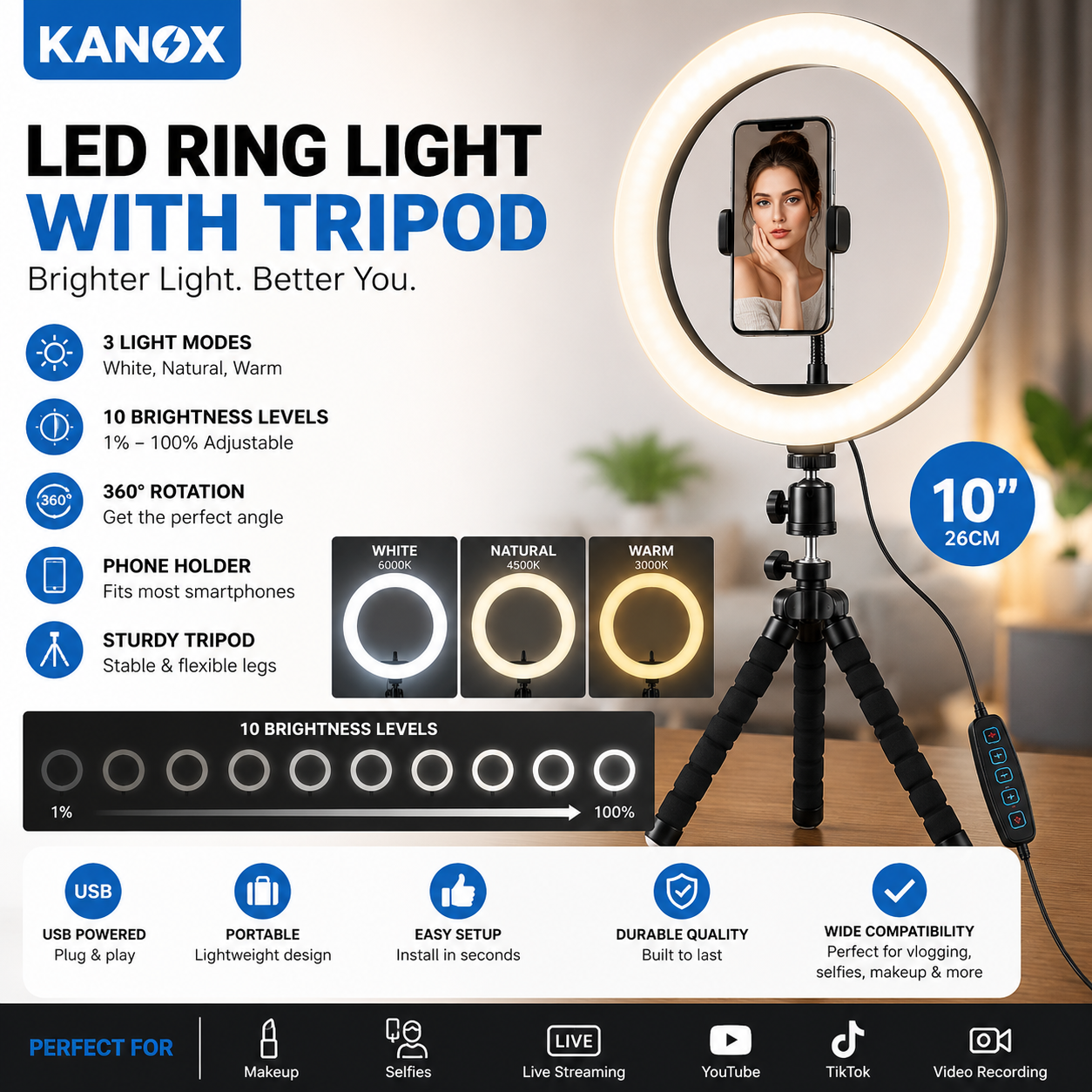 Kanox 10" LED Ring Light With Tripod & phone Holder