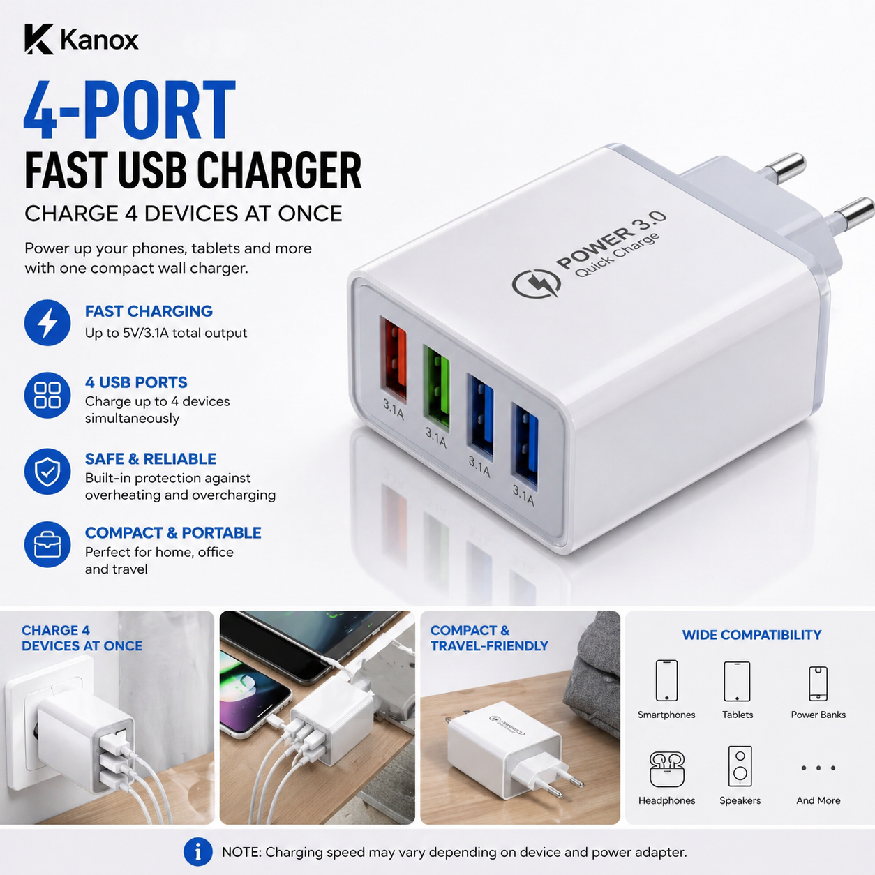Kanox 4-port fast charger USB - Charge 4 devices at once