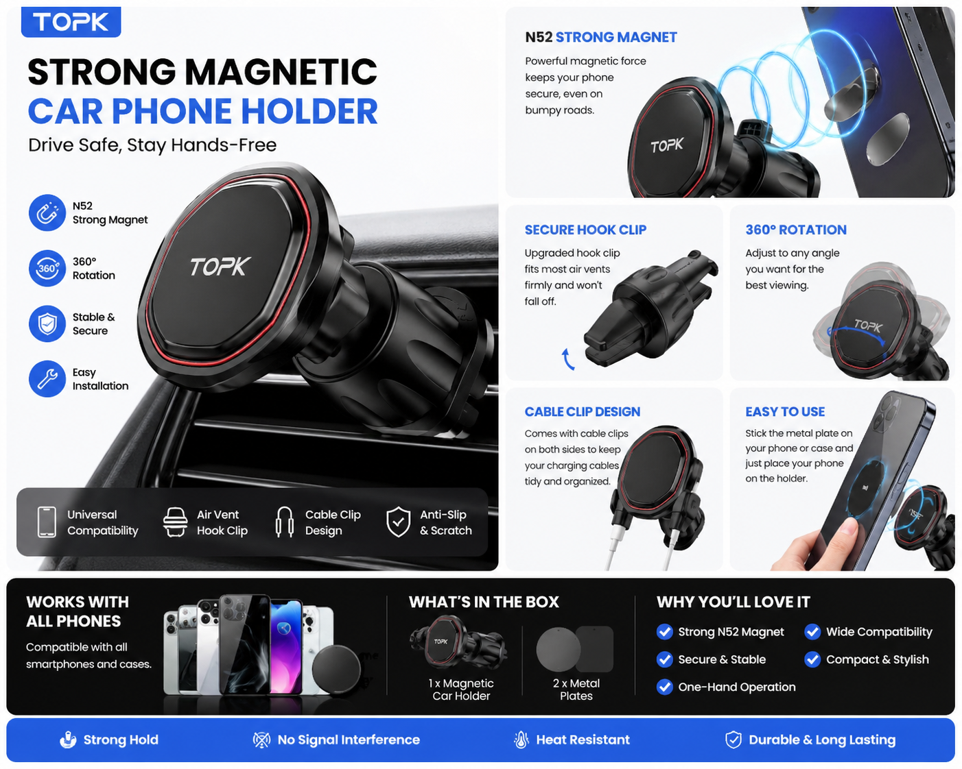 Kanox Magnetic Car Phone Holder - Strong N52 Air Vent Mount