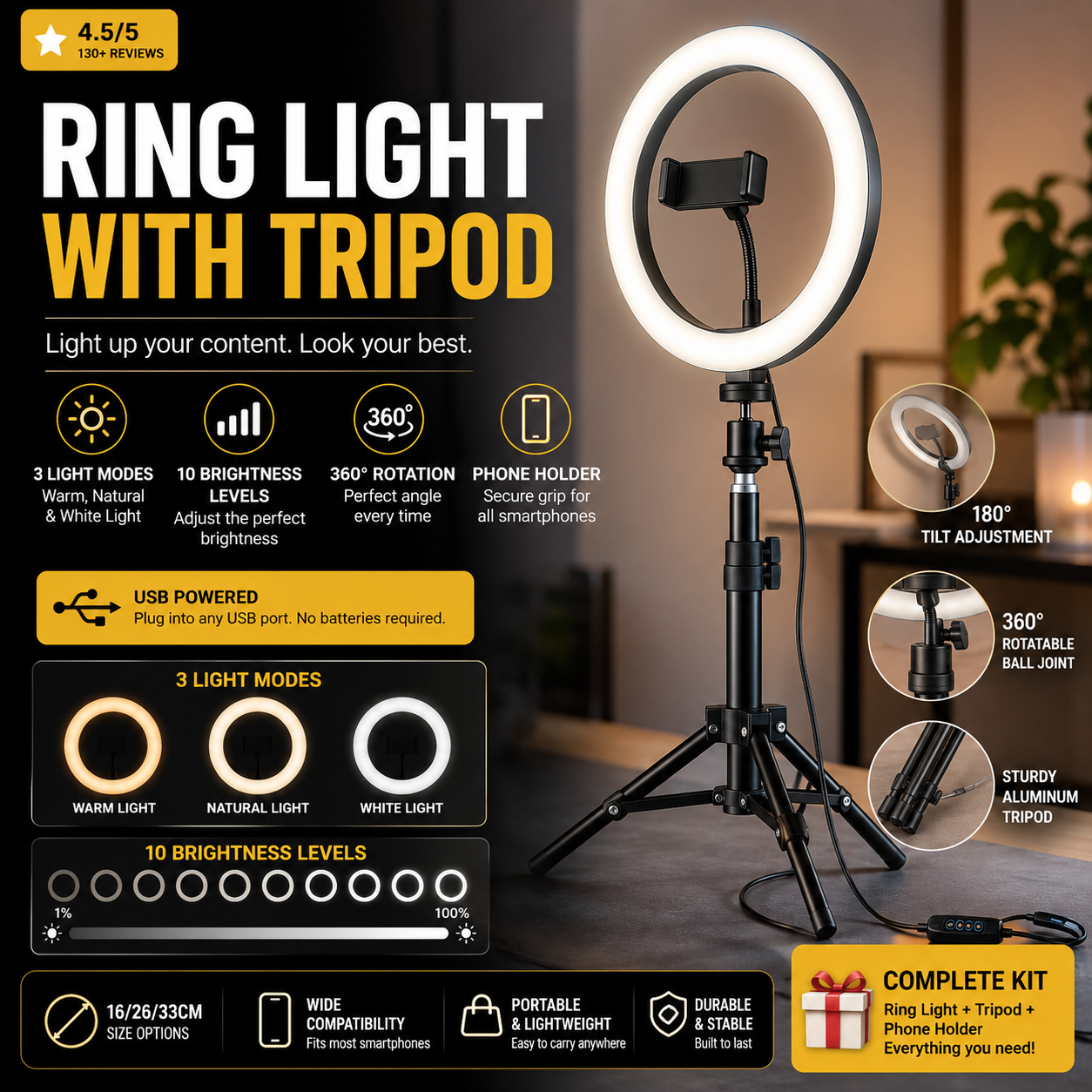 Kanox 10" LED Ring Light With Tripod & Phone holder